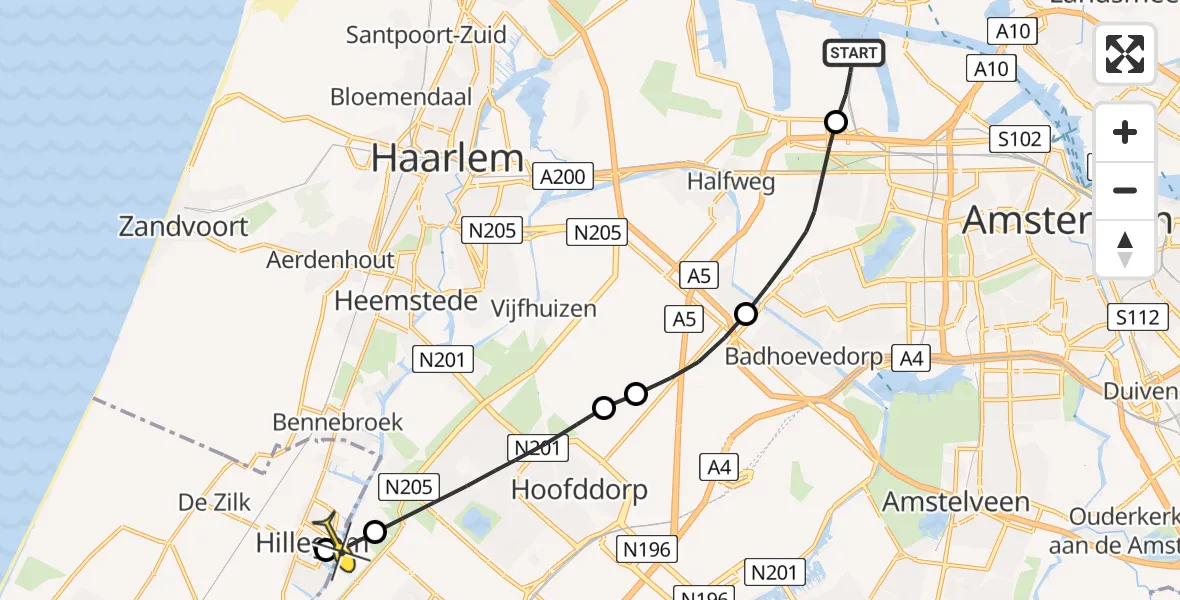 Routekaart van de vlucht: Lifeliner 1 naar Hillegom, Nieuw-Zeelandweg