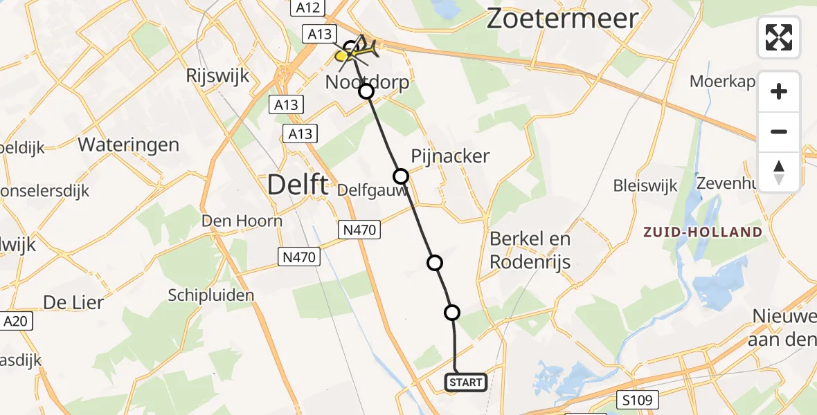 Routekaart van de vlucht: Lifeliner 2 naar Den Haag, Oude Bovendijk