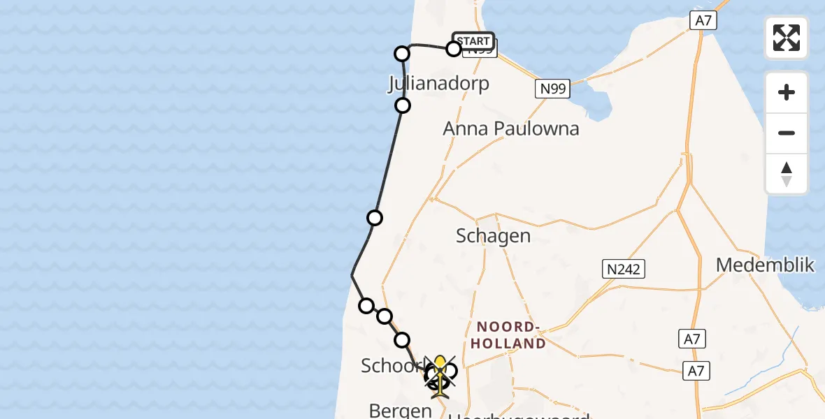 Routekaart van de vlucht: Kustwachthelikopter naar Oudkarspel, Kortevliet