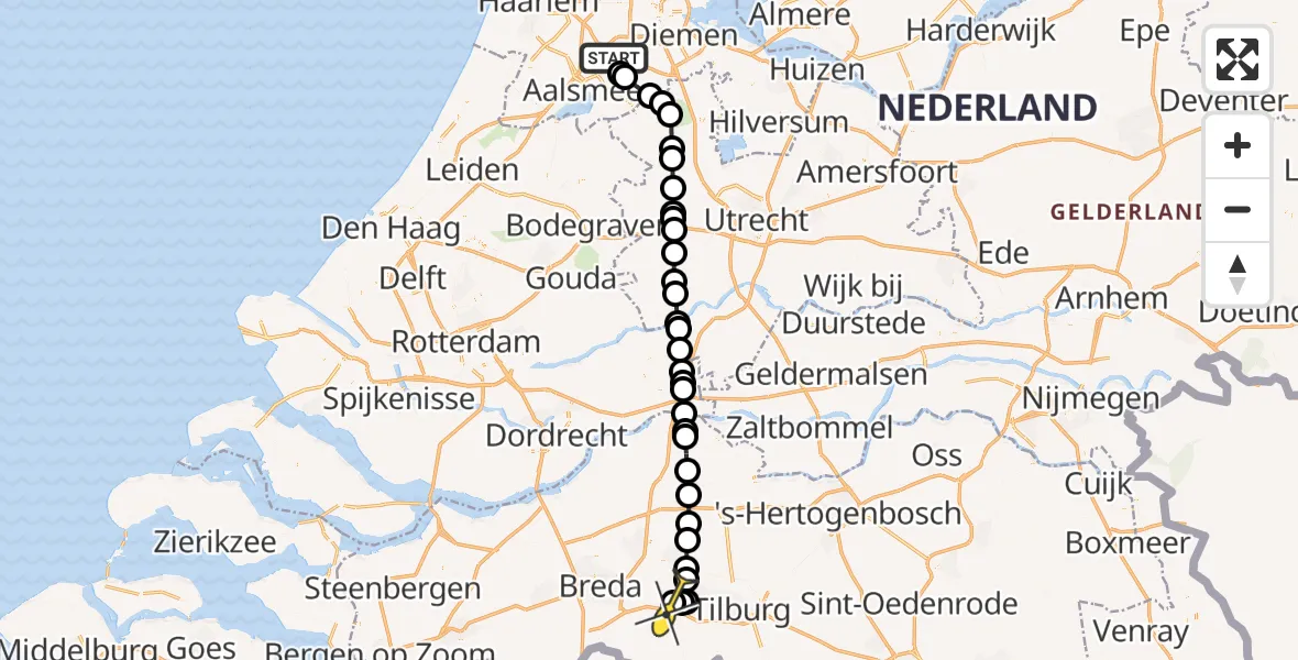 Routekaart van de vlucht: Politieheli naar Vliegbasis Gilze-Rijen, Westerkimweg