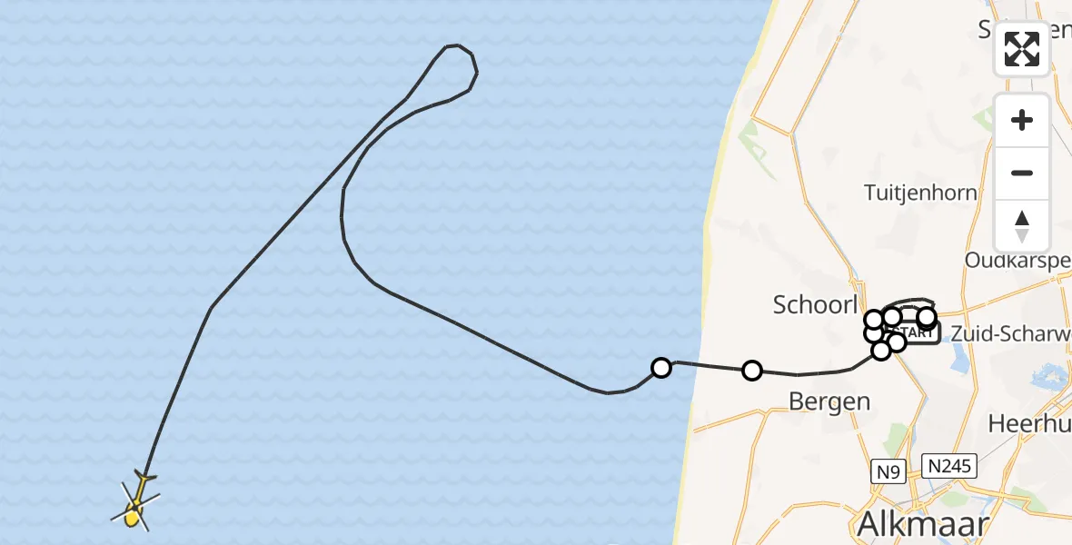 Routekaart van de vlucht: Kustwachthelikopter naar Klaassen en Evendijk