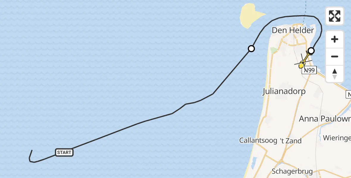 Routekaart van de vlucht: Kustwachthelikopter naar Vliegveld De Kooy, Doggersvaart