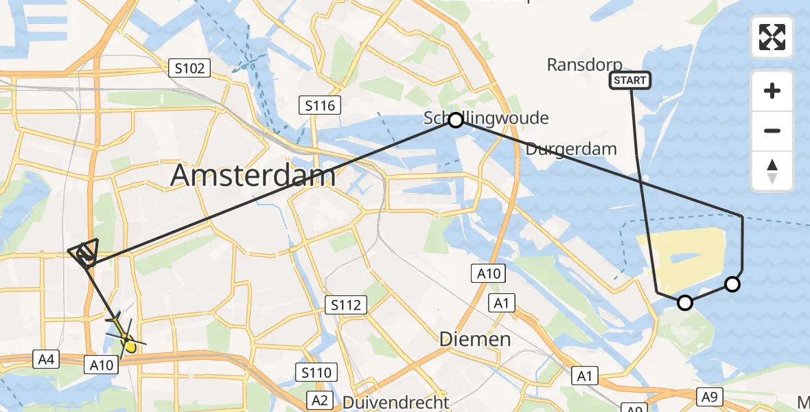 Routekaart van de vlucht: Politiehelikopter naar VU Medisch Centrum Amsterdam, Vuurtoreneiland