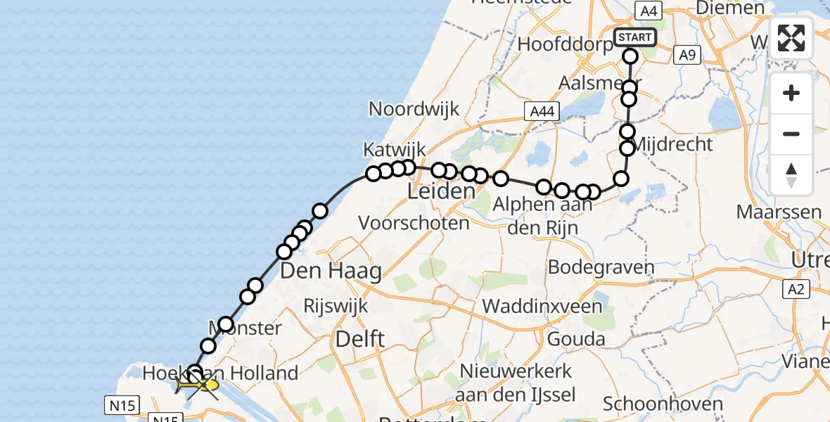 Routekaart van de vlucht: Politieheli naar Maasvlakte Heliport, Fokkerweg