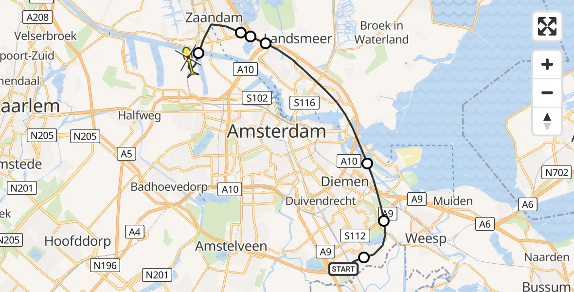 Routekaart van de vlucht: Lifeliner 1 naar Amsterdam Heliport, Soestdijkstraat