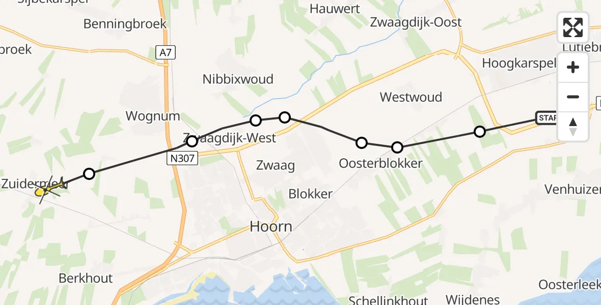 Routekaart van de vlucht: Politiehelikopter naar Zuidermeer, Westfrisiaweg
