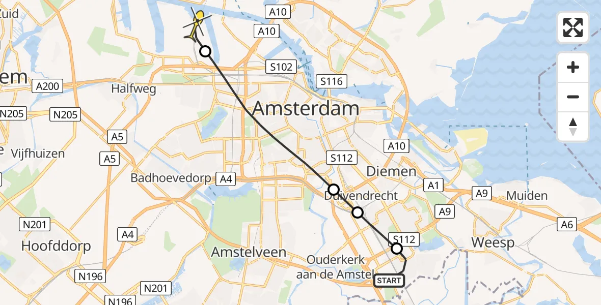 Routekaart van de vlucht: Lifeliner 1 naar Amsterdam Heliport, Tienraaikade