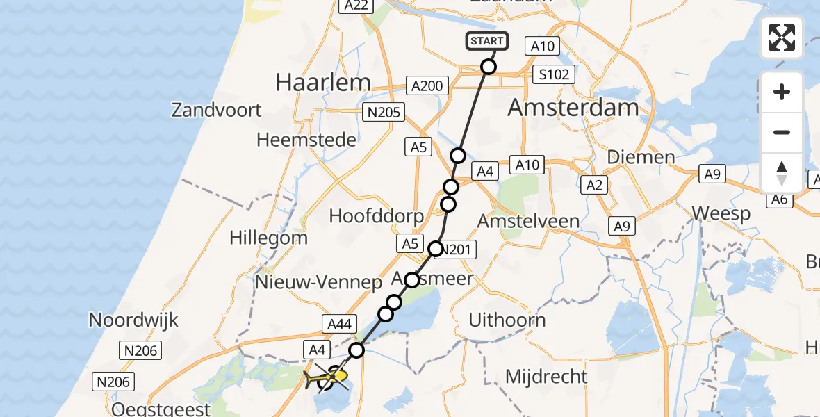 Routekaart van de vlucht: Lifeliner 1 naar Roelofarendsveen, Elbaweg