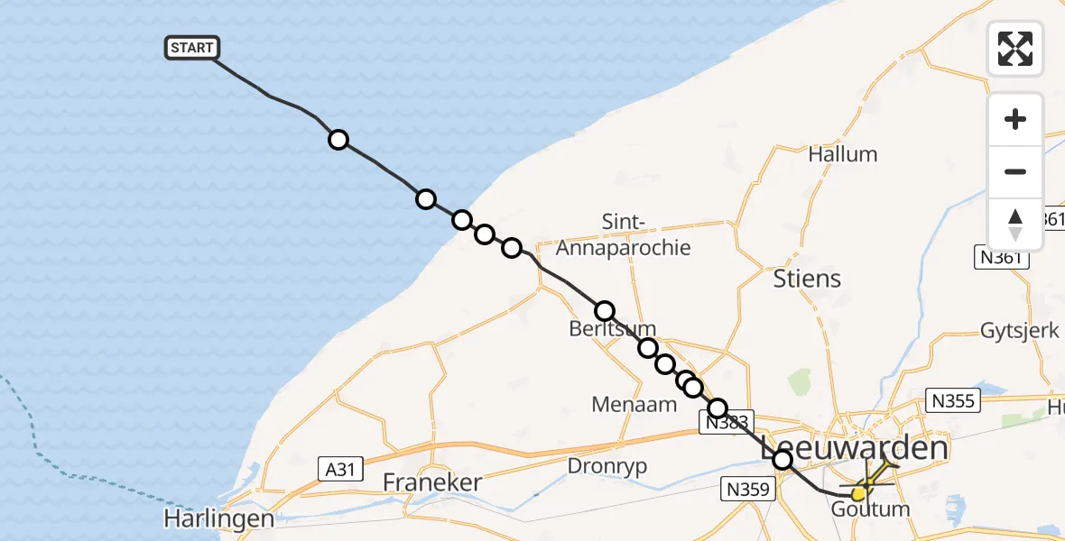 Routekaart van de vlucht: Ambulanceheli naar Leeuwarden, Aldlânsdyk