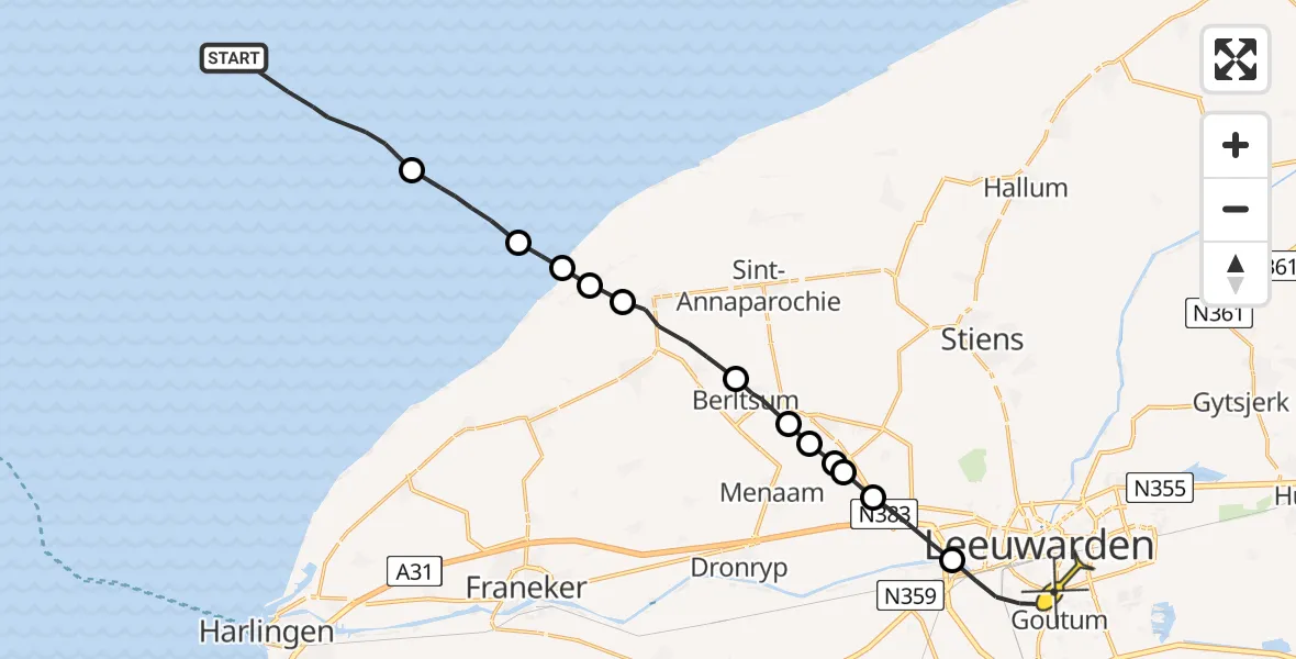Routekaart van de vlucht: Ambulancehelikopter naar Leeuwarden, Aldlânsdyk
