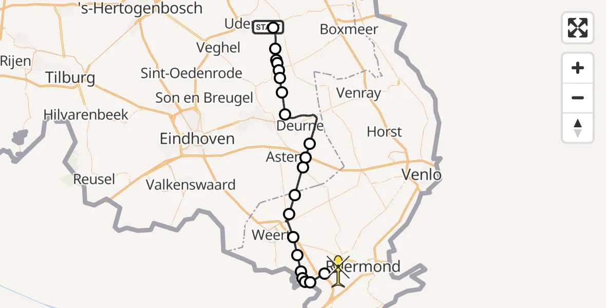 Routekaart van de vlucht: Politieheli naar Beegden, Zeelandsedijk