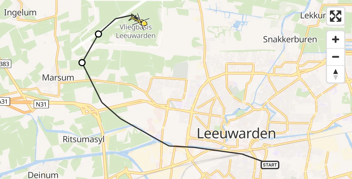 Vluchtroute Ambulancehelikopter van Leeuwarden naar Vliegbasis Leeuwarden