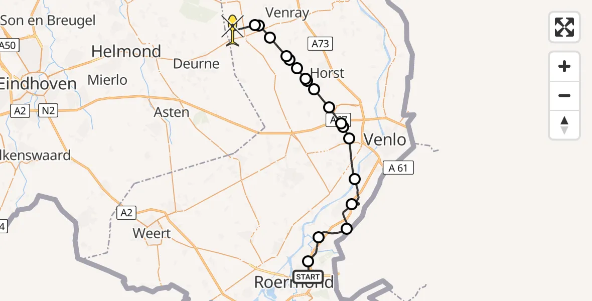 Routekaart van de vlucht: Politieheli naar Vliegbasis De Peel, Pastoor Pinckersstraat