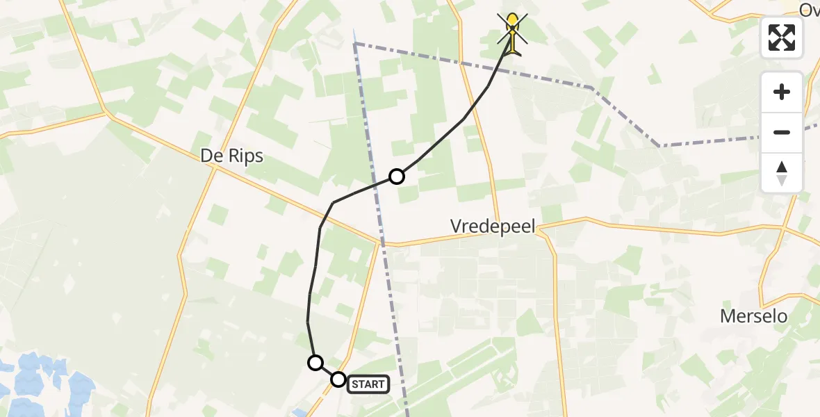 Routekaart van de vlucht: Politieheli naar Overloon, Hazenhutsedijk