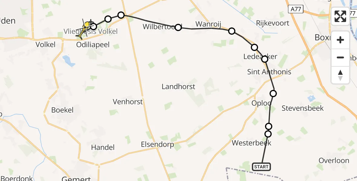 Routekaart van de vlucht: Politieheli naar Vliegbasis Volkel, Stevensstraat