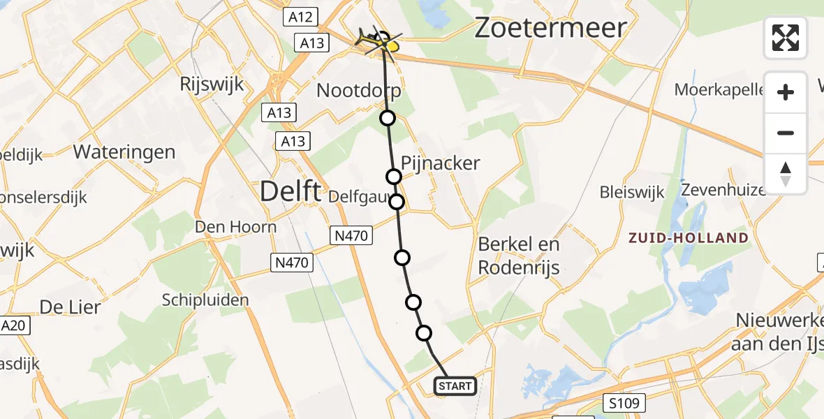 Routekaart van de vlucht: Lifeliner 2 naar Den Haag, Schieveense polder