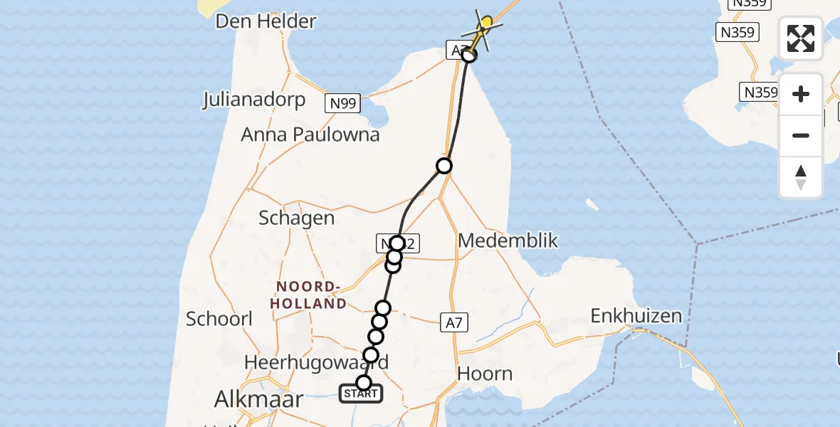 Routekaart van de vlucht: Politieheli naar Den Oever, Burgemeester Kooimanweg