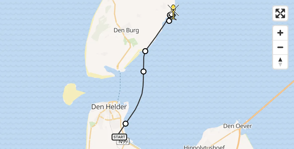 Routekaart van de vlucht: Kustwachthelikopter naar Oosterend, Oostoeverweg