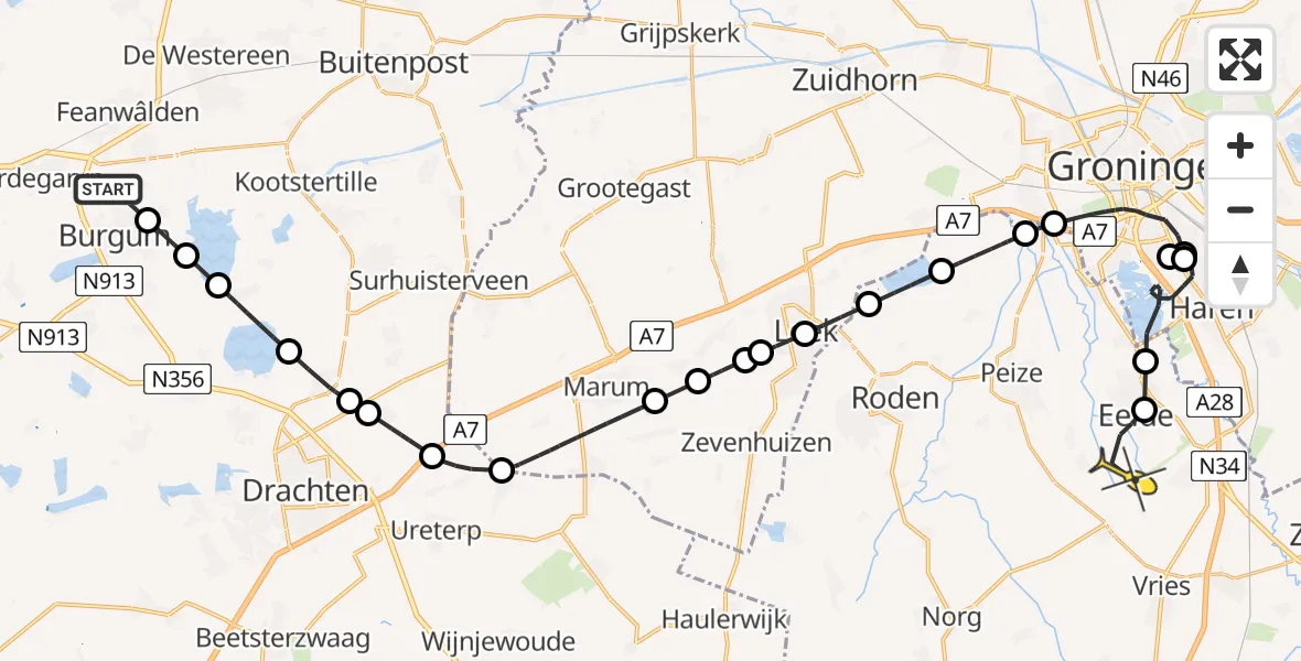 Routekaart van de vlucht: Politieheli naar Groningen Airport Eelde, Syl