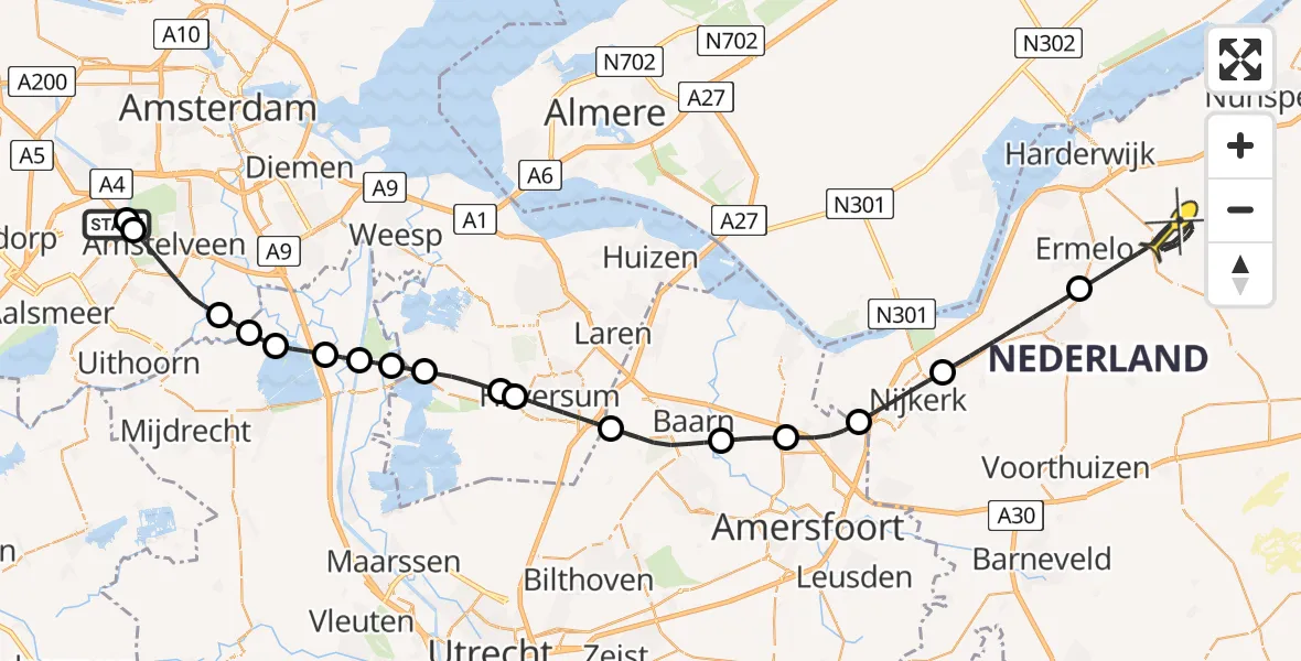 Routekaart van de vlucht: Politieheli naar Ermelo, Nieuwemeerdijk