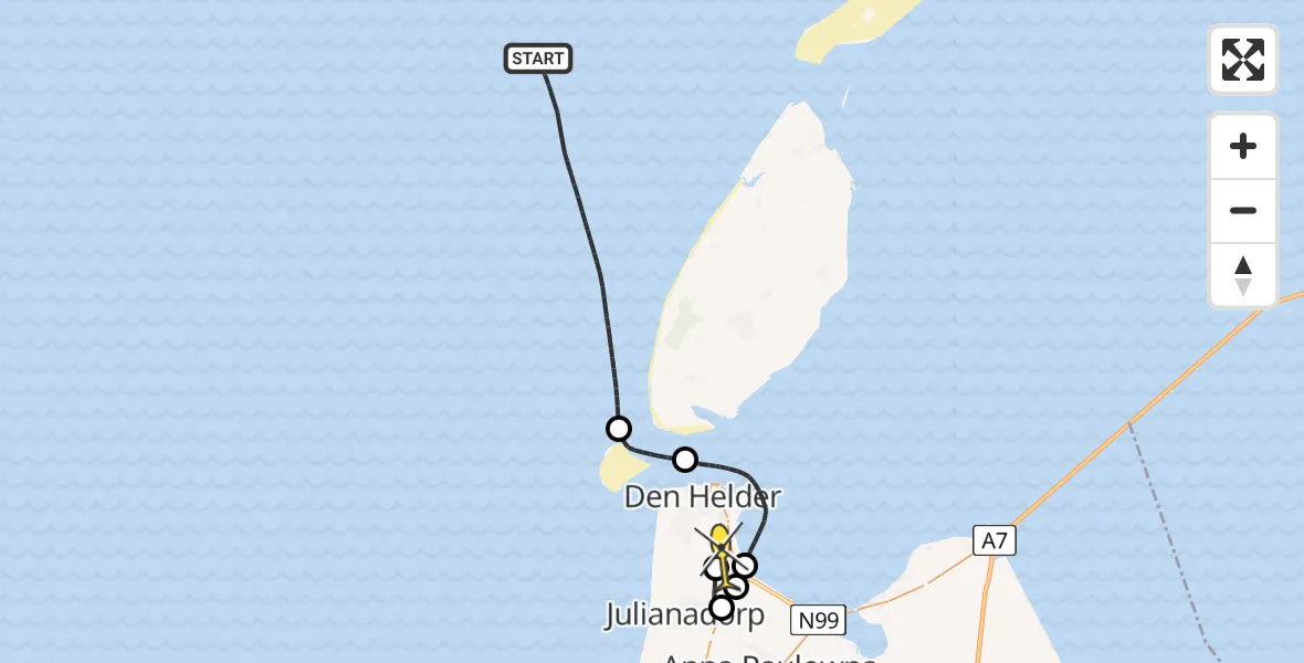 Routekaart van de vlucht: Kustwachthelikopter naar Vliegveld De Kooy, Het Nieuwe Diep