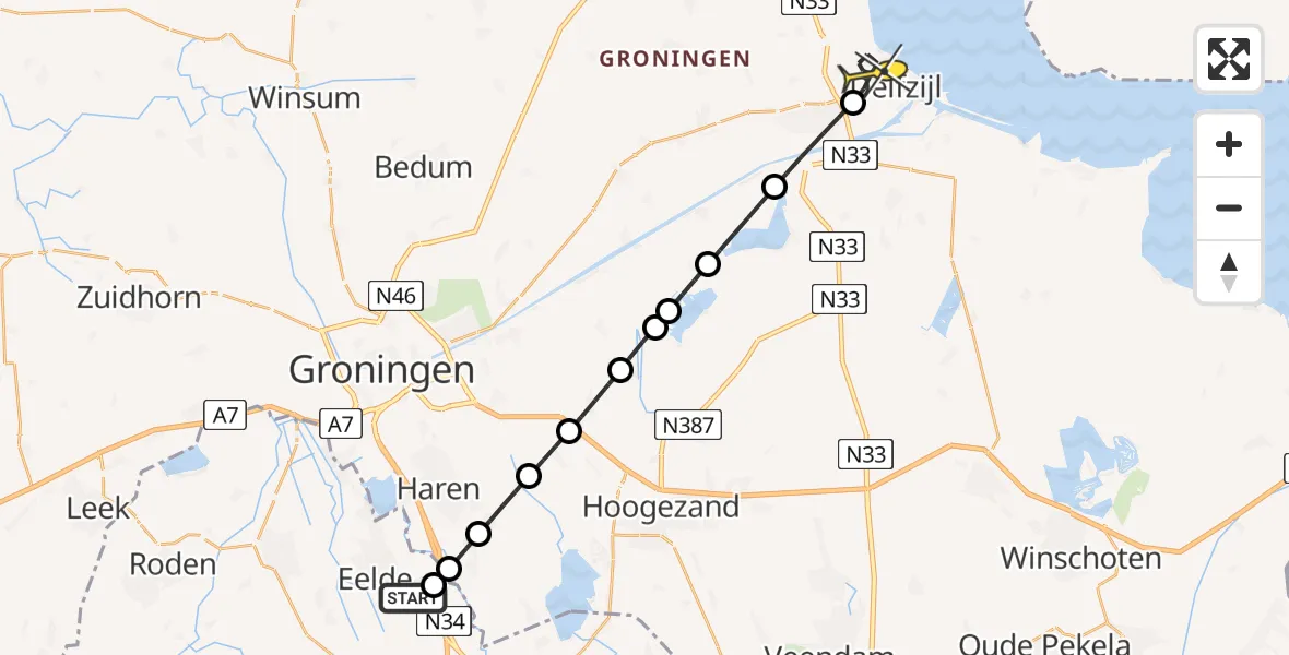 Routekaart van de vlucht: Lifeliner 4 naar Delfzijl, Burgemeester J.G. Legroweg