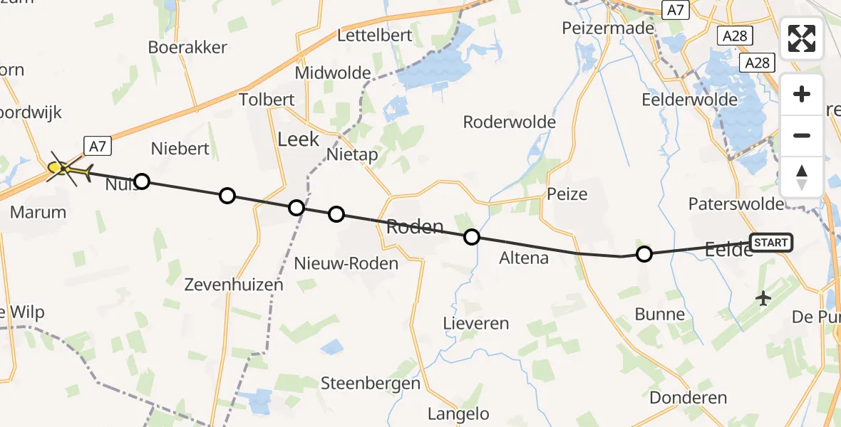 Routekaart van de vlucht: Politieheli naar Marum, Oosterloop