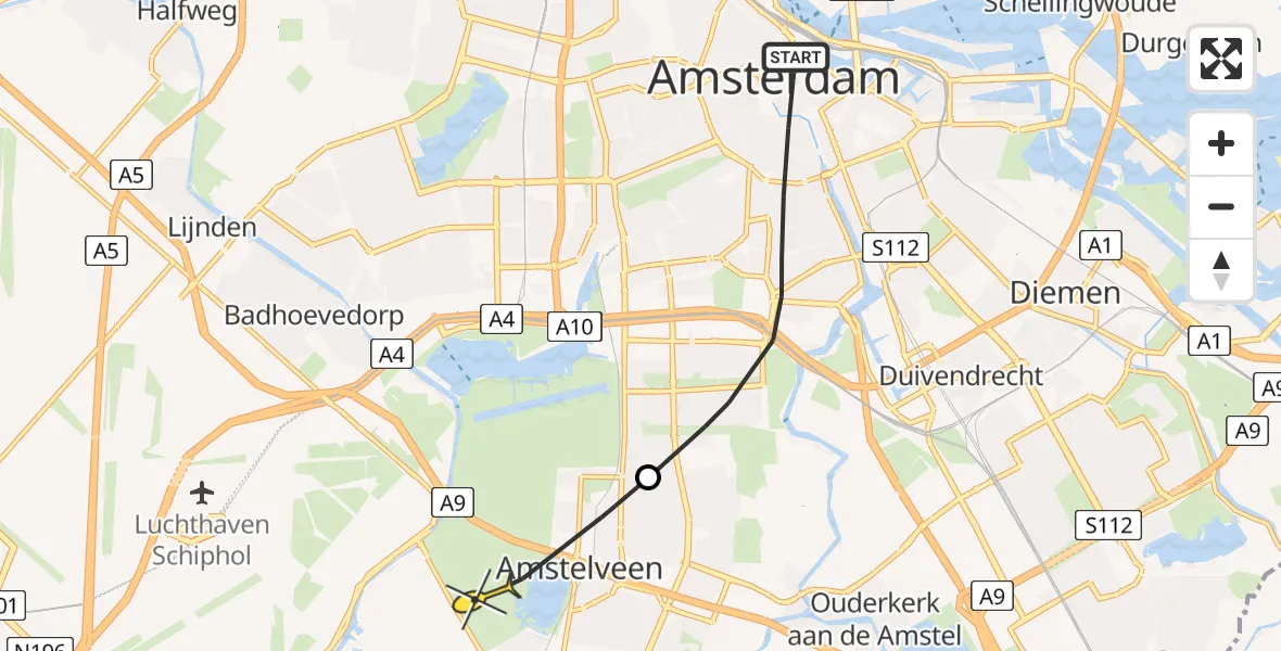 Routekaart van de vlucht: Politieheli naar Amstelveen, Thorbeckeplein