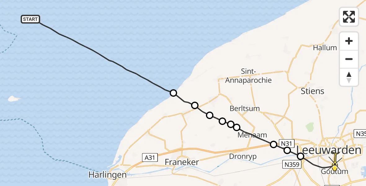 Routekaart van de vlucht: Ambulanceheli naar Leeuwarden, Aldlânsdyk