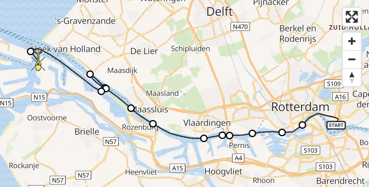 Routekaart van de vlucht: Politiehelikopter naar Maasvlakte Heliport, Kralingse Zoom