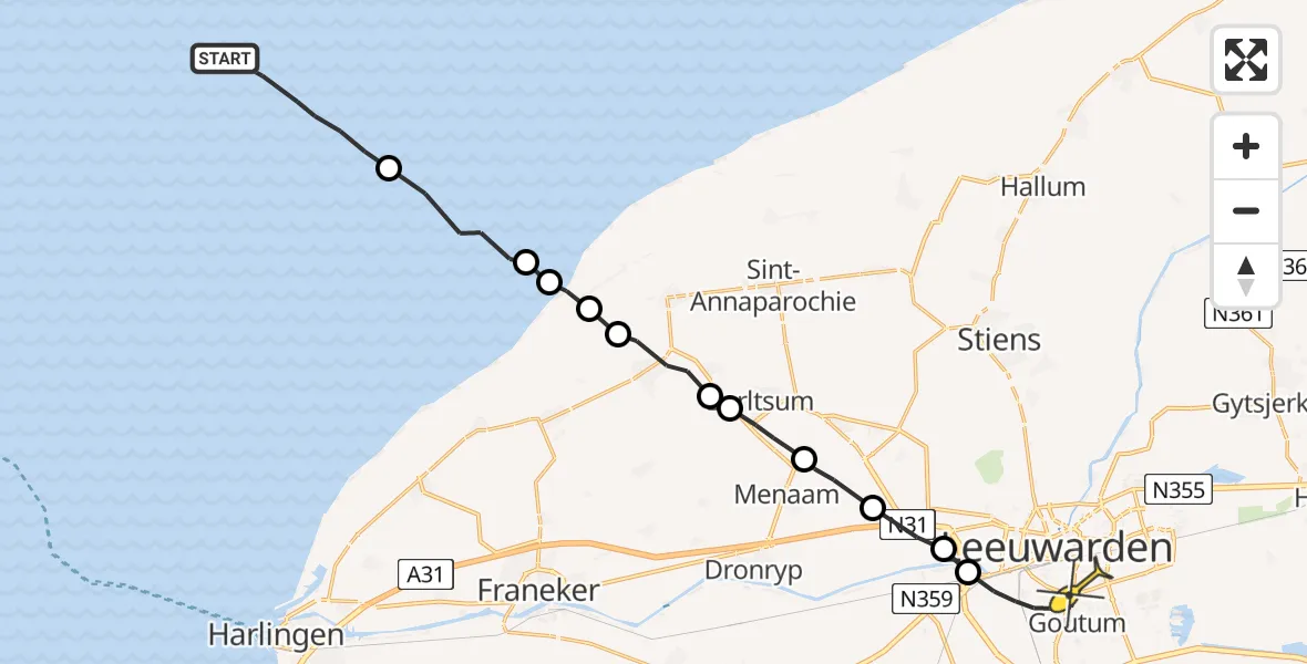 Routekaart van de vlucht: Ambulanceheli naar Leeuwarden, Borniastraat