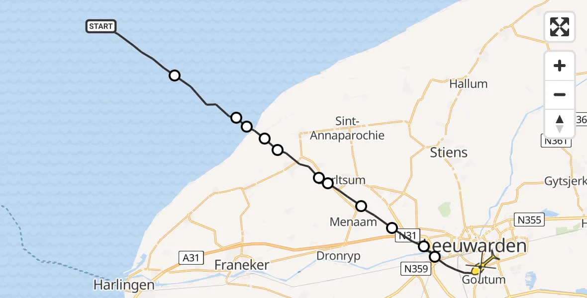 Routekaart van de vlucht: Ambulancehelikopter naar Leeuwarden, Borniastraat