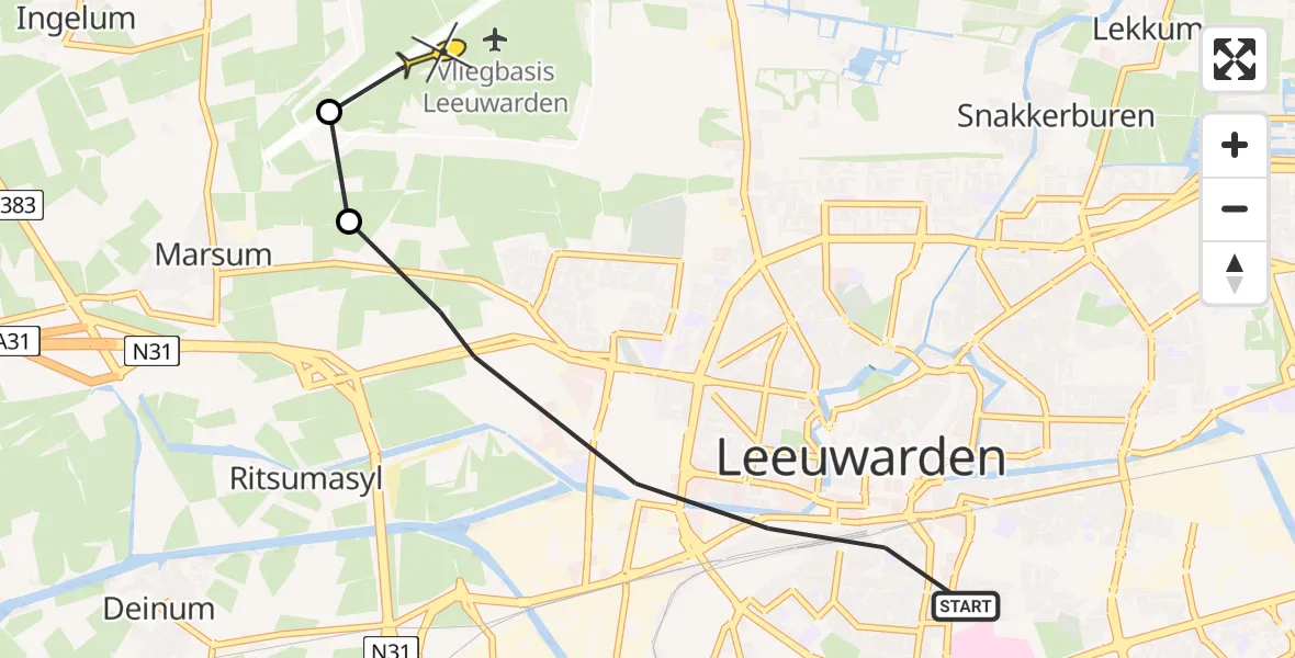Vluchtroute Ambulancehelikopter van Leeuwarden naar Vliegbasis Leeuwarden
