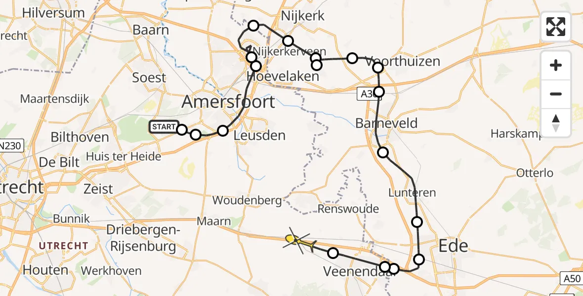 Routekaart van de vlucht: Politieheli naar Leersum, Utrechtseweg