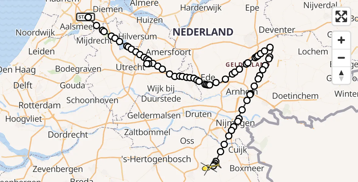 Routekaart van de vlucht: Politieheli naar Vliegbasis Volkel, Kraayveldstraat