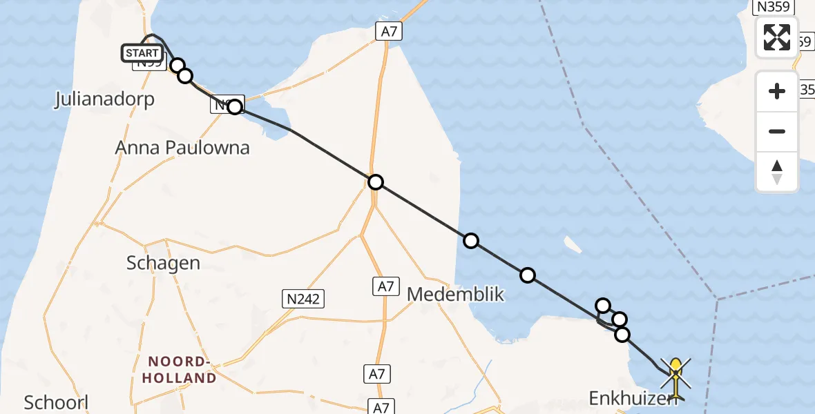 Routekaart van de vlucht: Kustwachthelikopter naar Enkhuizen, Balgzandkanaal