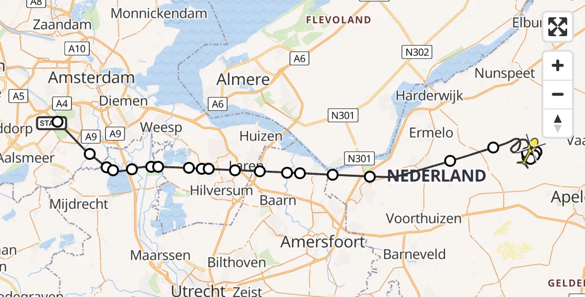 Routekaart van de vlucht: Politieheli naar Elspeet, Vaassenseweg