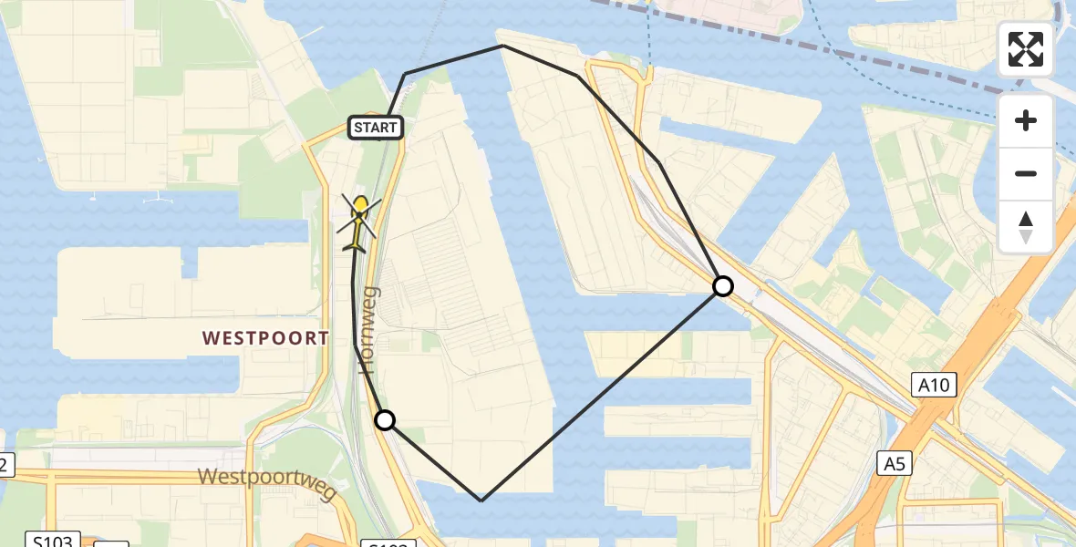 Routekaart van de vlucht: Lifeliner 1 naar Amsterdam Heliport, Westhavenweg