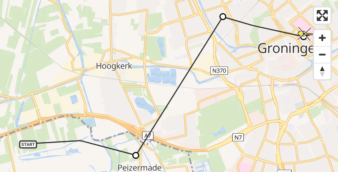 Routekaart van de vlucht: Ambulancehelikopter naar Universitair Medisch Centrum Groningen, Roderwolderdijk