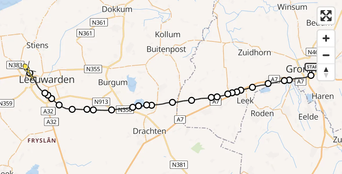Routekaart van de vlucht: Ambulancehelikopter naar Marsum, Oostersingel