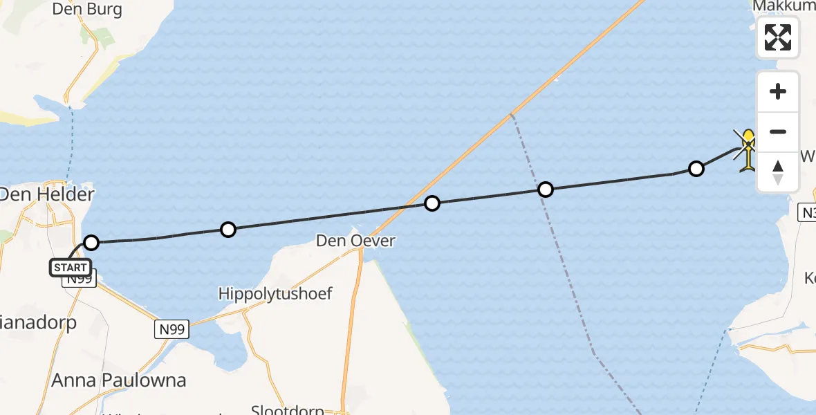 Routekaart van de vlucht: Kustwachthelikopter naar Workum