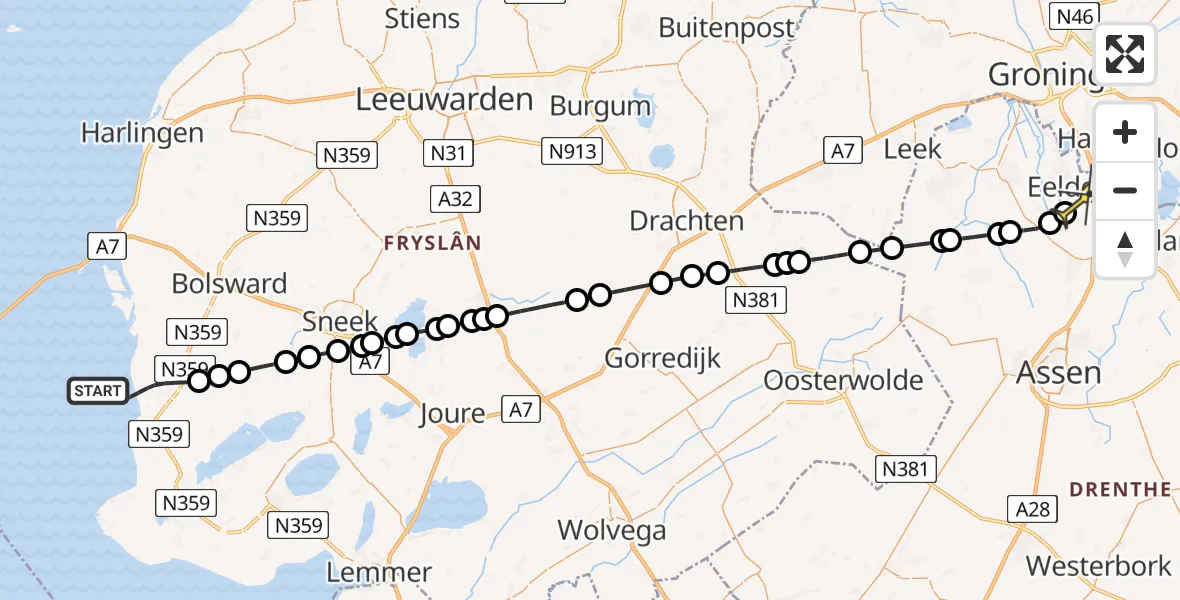 Routekaart van de vlucht: Kustwachthelikopter naar Groningen Airport Eelde, Bongveen