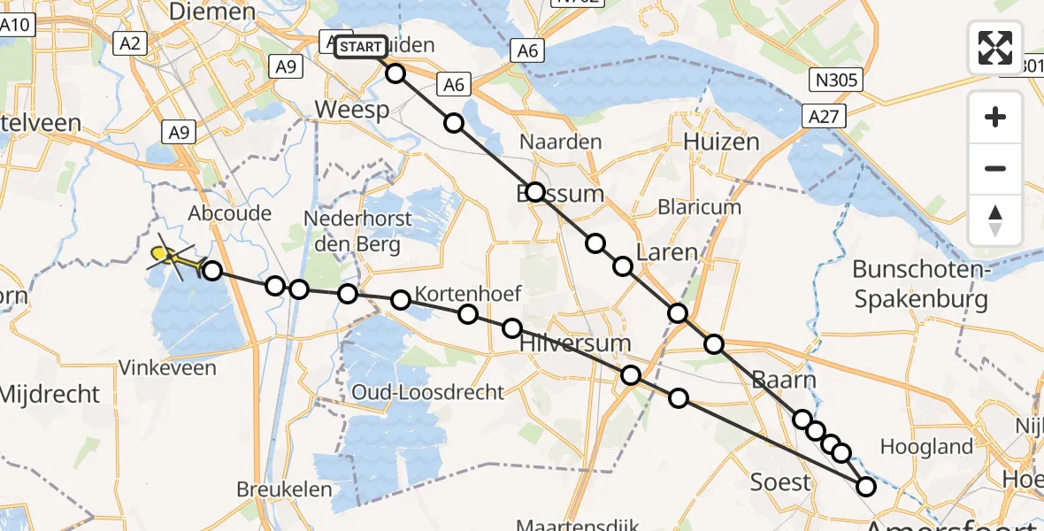 Routekaart van de vlucht: Politieheli naar Abcoude, Lange Muiderweg