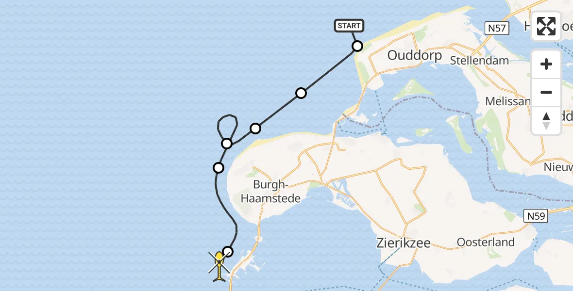 Routekaart van de vlucht: Politiehelikopter naar Vrouwenpolder, Westhoofdduinpad