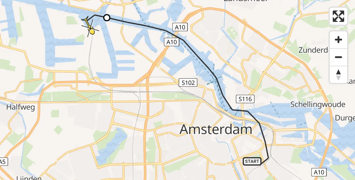 Routekaart van de vlucht: Lifeliner 1 naar Amsterdam Heliport, Johannis de Rijkestraat