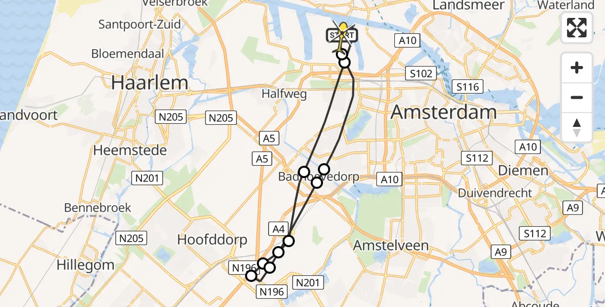 Routekaart van de vlucht: Lifeliner 1 naar Amsterdam Heliport, Elbaweg