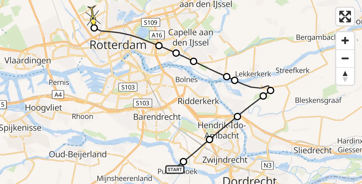 Routekaart van de vlucht: Lifeliner 2 naar Rotterdam The Hague Airport, Lindtsedijk