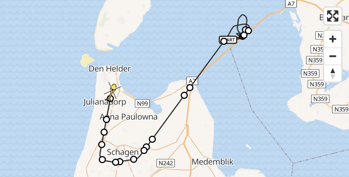 Routekaart van de vlucht: Kustwachthelikopter naar Julianadorp, Noorderhaven