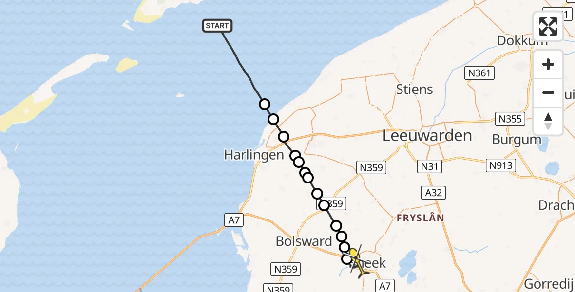 Routekaart van de vlucht: Ambulanceheli naar Sneek, Terschelling