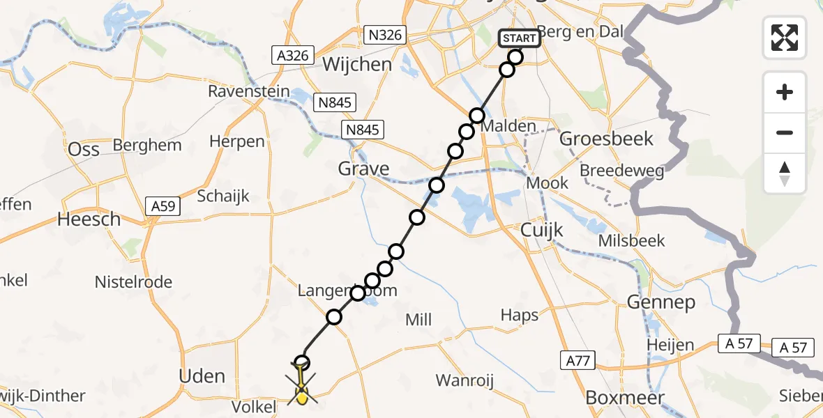 Routekaart van de vlucht: Lifeliner 3 naar Vliegbasis Volkel, Kanunnik Mijllinckstraat